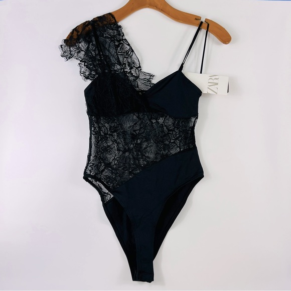 Zara Tops - ZARA  Black Lace Asymmetric Bodysuit S NWT